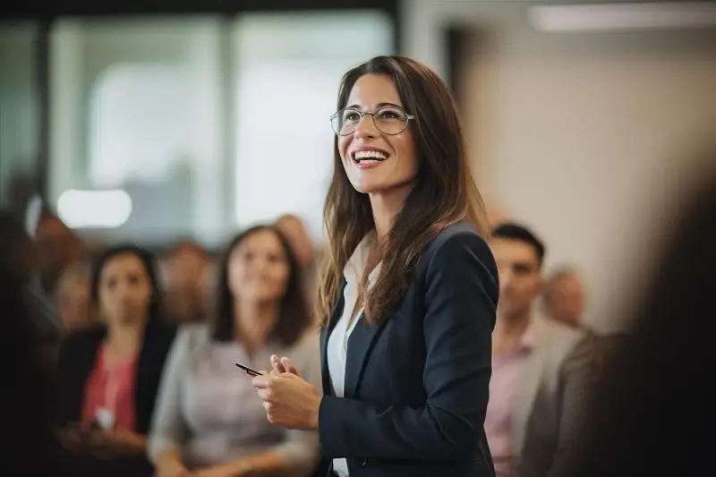 אשת עסקים מחייכת בהצגת מצגת מול העובדים